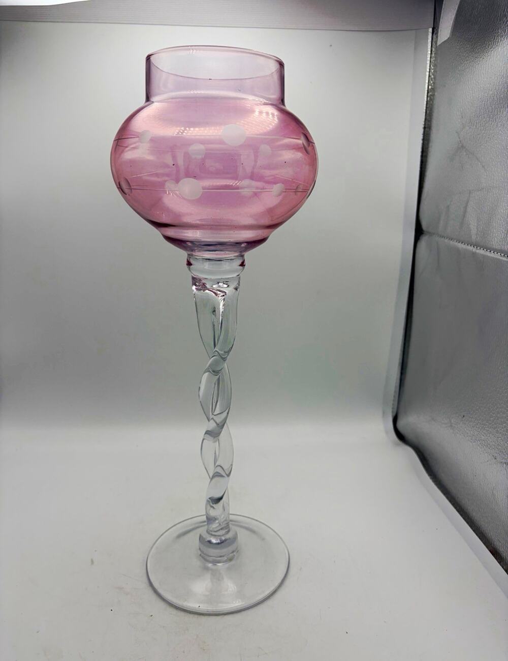 Pink & Clear Glass Candle Holder Twisted Stem Clear Spiral Base